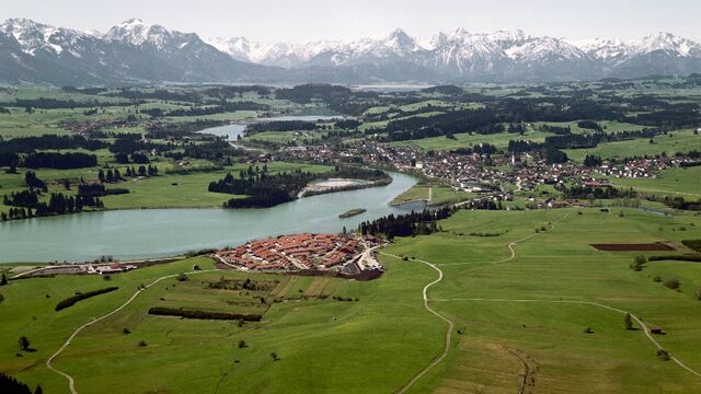 Ländlicher Raum - Wiese, Wald und Berge im Hintergrund